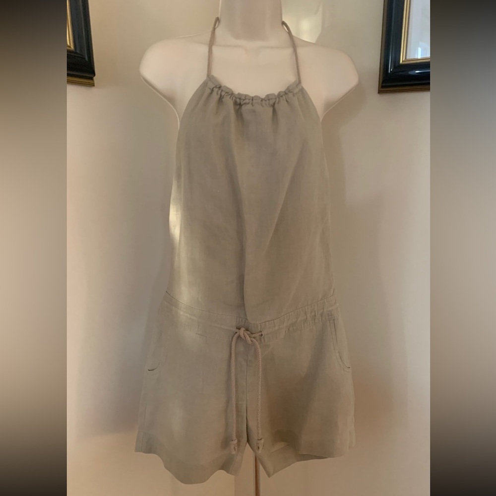 Mossimo Womens Juniors Tan Linen Halter Tie Back Sleeveless Pockets Romper Sz XS